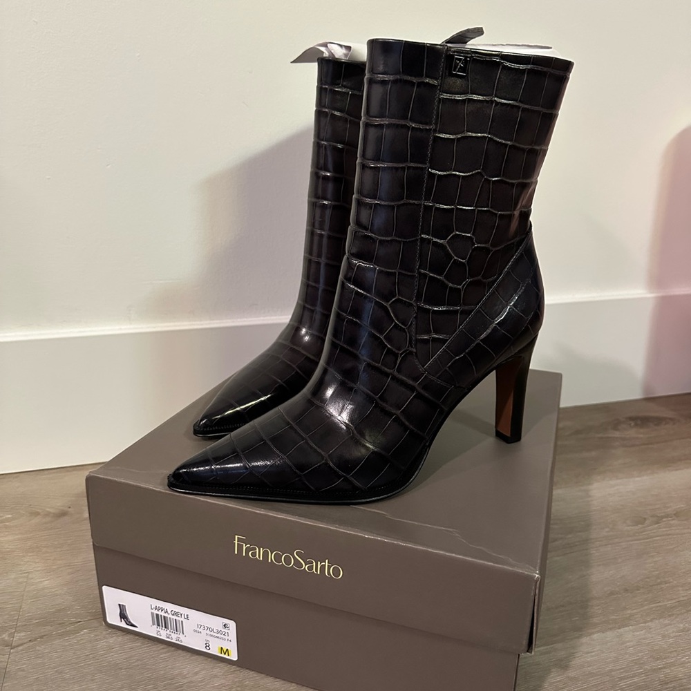 Franco Sarto Black Heeled Boots with Croc-Embossed Finish